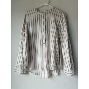 FAHERTY Womens Legend Linen Blend Shirt Size L White Ivory Striped Flannel